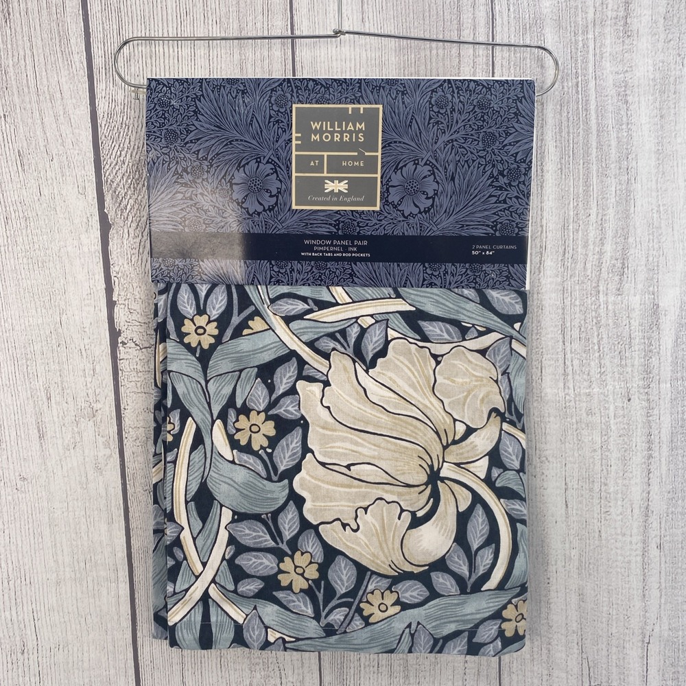 William Morris Curtain Panel Pair 50x84 Pimpernel Ink Navy Blue Floral Cotton